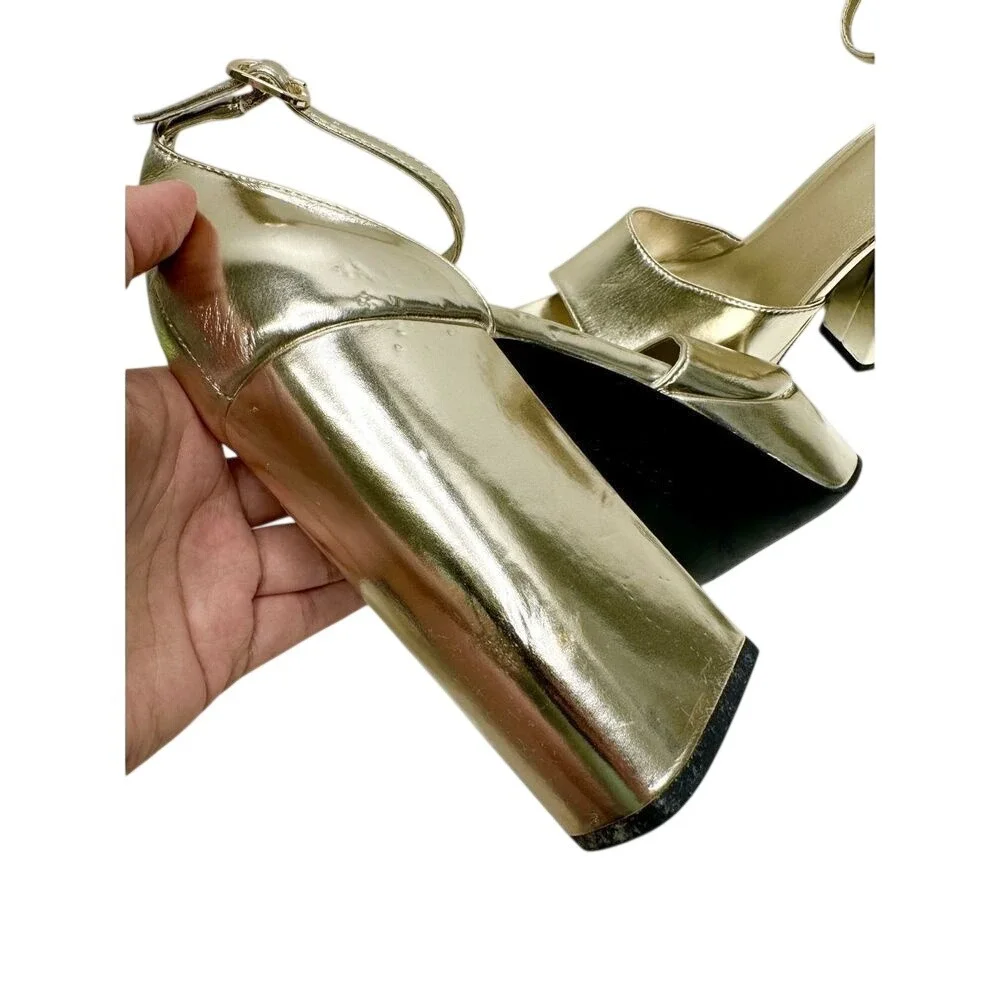 Open Edit Kimber Gold Metallic Platform Block Heel Sandals Womens 9.5 Square Toe